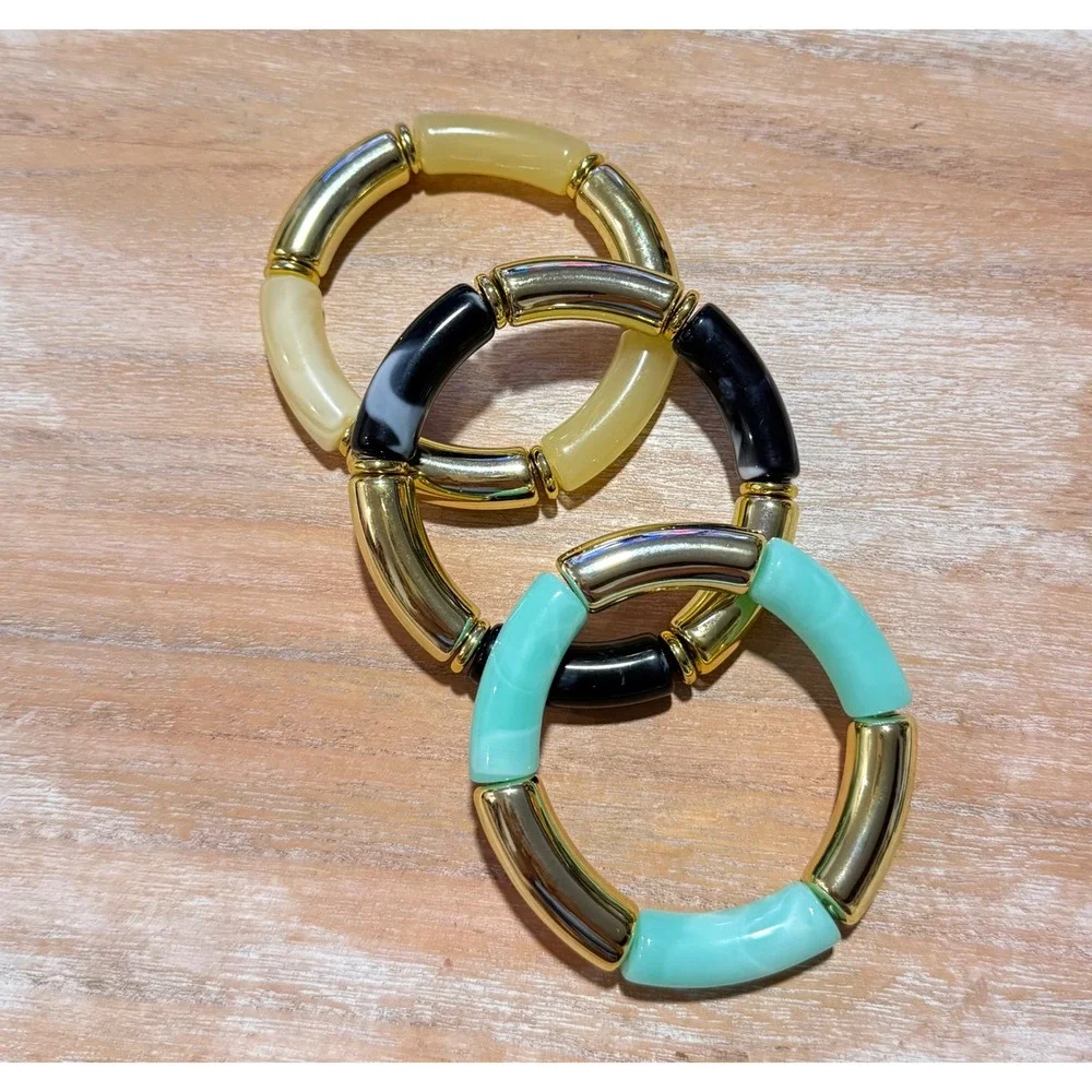 Glam Coastal Luxe Stretch Bracelet‎ Stack Set Gold Aqua Ivory Black
